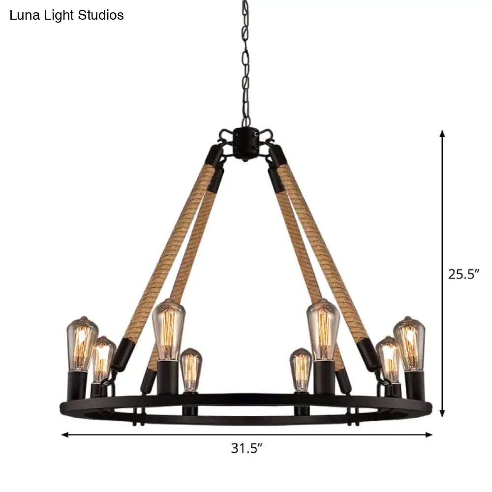 Industrial Hemp Rope Wagon Wheel Chandelier With 6/8 Black Pendant Lights For Living Room Ceiling