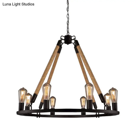 Industrial Hemp Rope Wagon Wheel Chandelier With 6/8 Black Pendant Lights For Living Room Ceiling