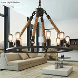 Industrial Hemp Rope Wagon Wheel Chandelier With 6/8 Black Pendant Lights For Living Room Ceiling