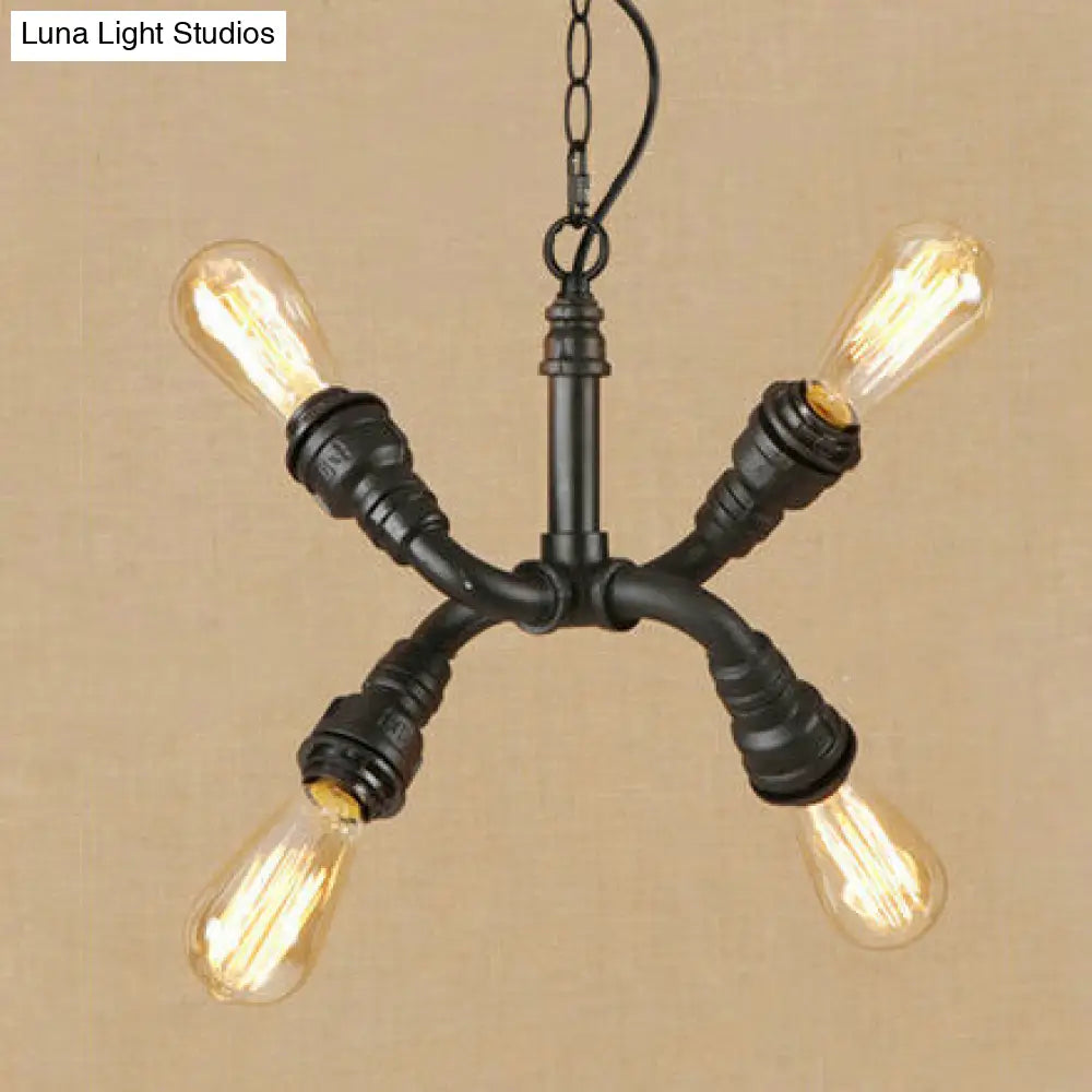 Industrial Stylish Bare Bulb Chandelier Pendant Light - 4-Light Iron Lamp With Water Pipe Design In