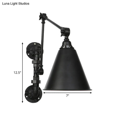 Industrial Iron Cone/Flared Wall Lamp - Black 1-Light Rotatable Fixture With Water Pipe Bracket