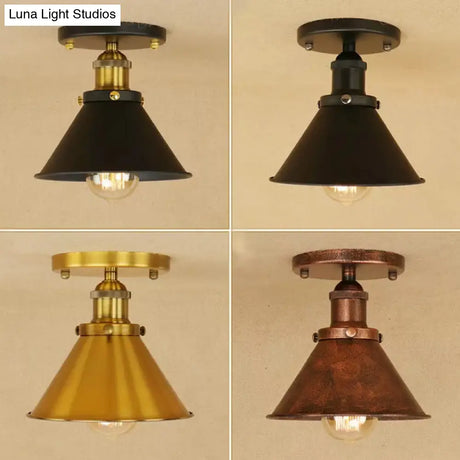 Industrial Iron Cone Shade 1 - Light Ceiling Lamp: Rust/Black/Copper Semi Mount Lighting