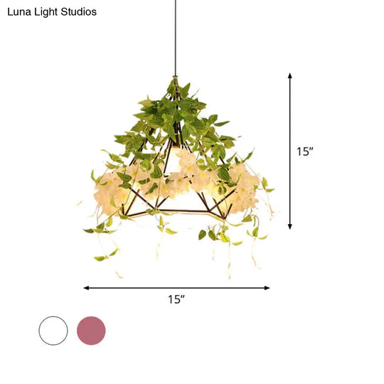 Industrial Iron Diamond Cage Pendant Ceiling Lamp With Cherry Blossom Decor - White/Pink