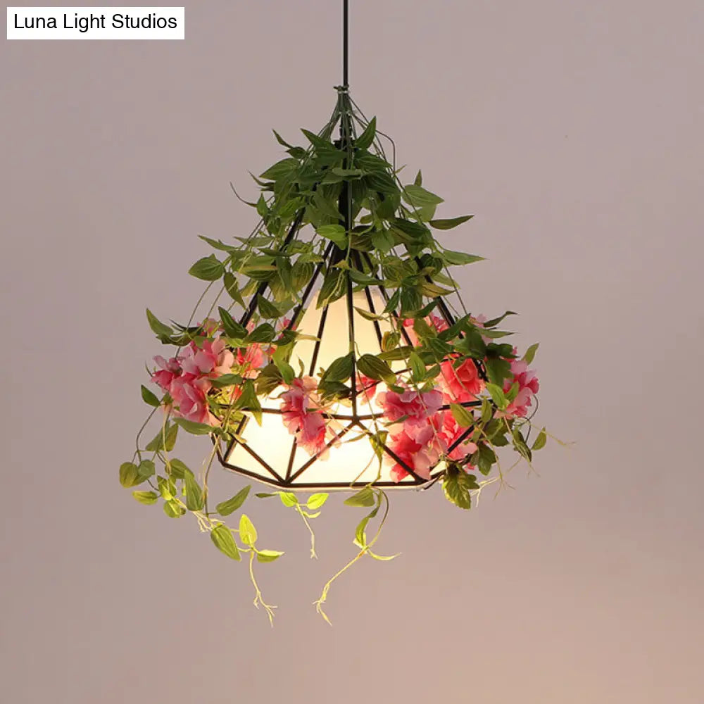 Industrial Iron Diamond Cage Drop Pendant With Cherry Blossom Decor - White/Pink 10/15/18 Wide