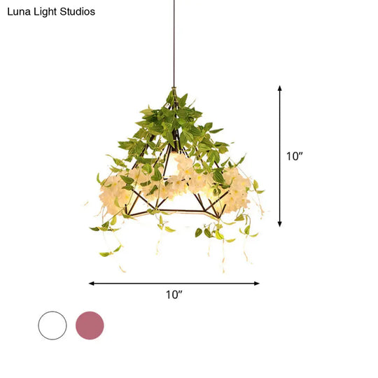 Industrial Iron Diamond Cage Pendant Ceiling Lamp With Cherry Blossom Decor - White/Pink