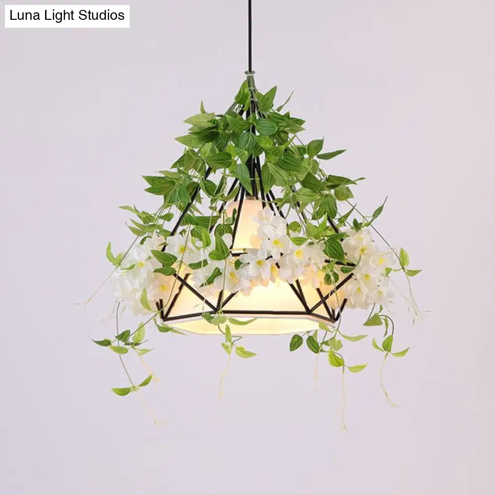 Industrial Iron Diamond Cage Drop Pendant With Cherry Blossom Decor - White/Pink 10/15/18 Wide