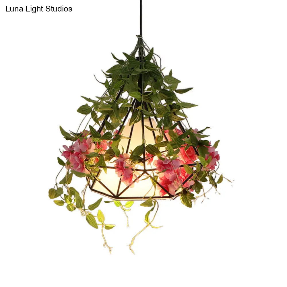 Industrial Iron Diamond Cage Pendant Ceiling Lamp With Cherry Blossom Decor - White/Pink
