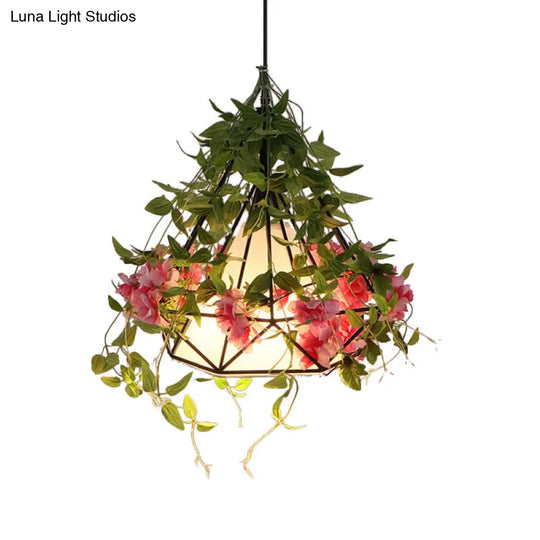 Industrial Iron Diamond Cage Pendant Ceiling Lamp With Cherry Blossom Decor - White/Pink