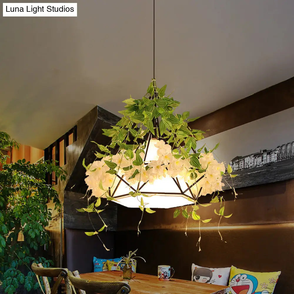 Industrial Iron Diamond Cage Pendant Ceiling Lamp With Cherry Blossom Decor - White/Pink