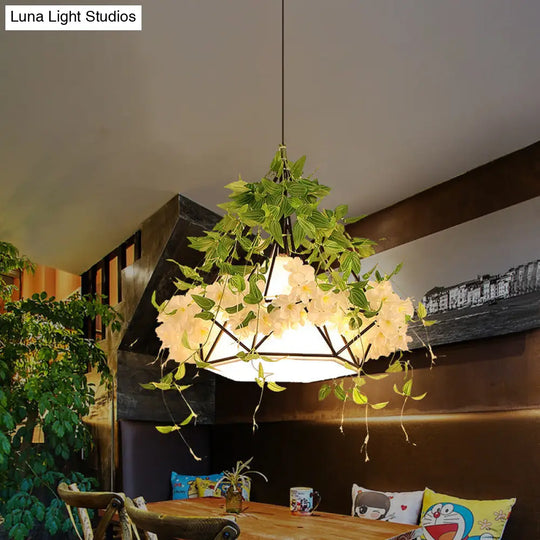 Industrial Iron Diamond Cage Pendant Ceiling Lamp With Cherry Blossom Decor - White/Pink