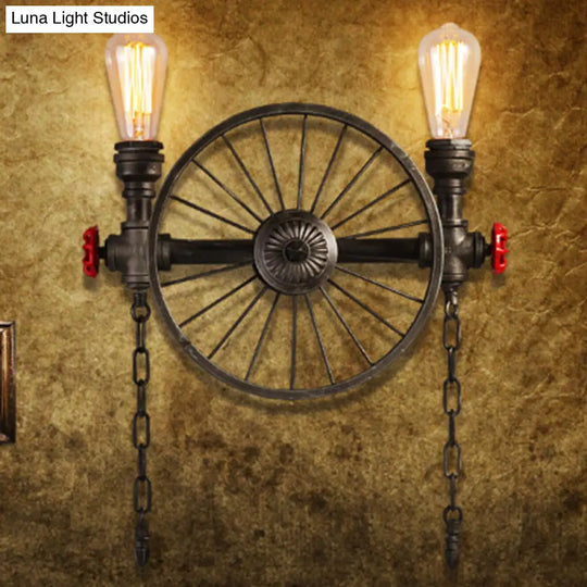 Industrial Iron Garage Sconce Lamp - Black Wheel Wall Mounted Light With Chain And Valve
