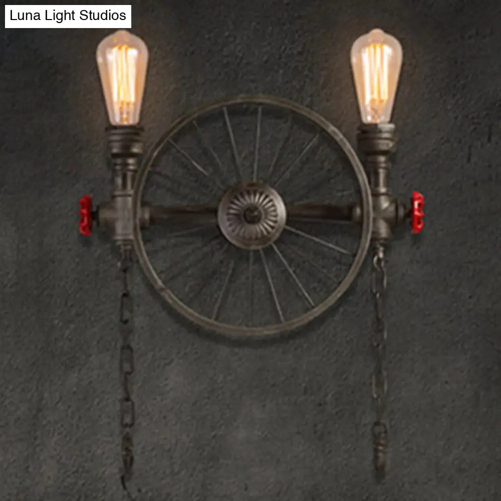 Industrial Iron Garage Sconce Lamp - Black Wheel Wall Mounted Light With Chain And Valve