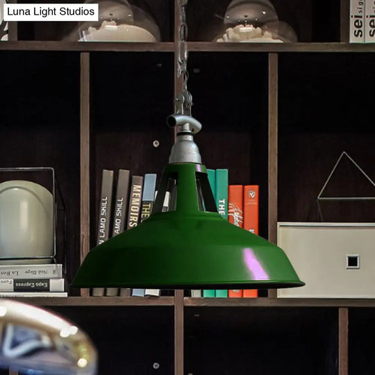 Industrial Iron Hanging Lamp - Pot-Lid Dining Table Pendant Light With 1 Head In White/Green Green