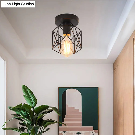 Industrial Iron Hexagonal Balcony Ceiling Light - Semi Flush Mount Fixture With 1-Bulb Black