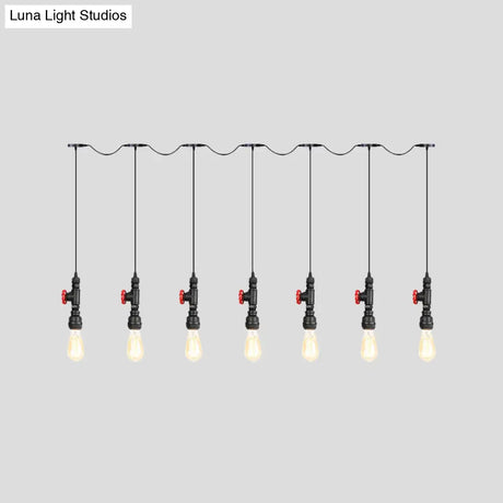Industrial Iron Multi Pendant Light With Black Finish - 5/7 Bulbs Tandem Hanging Lamp