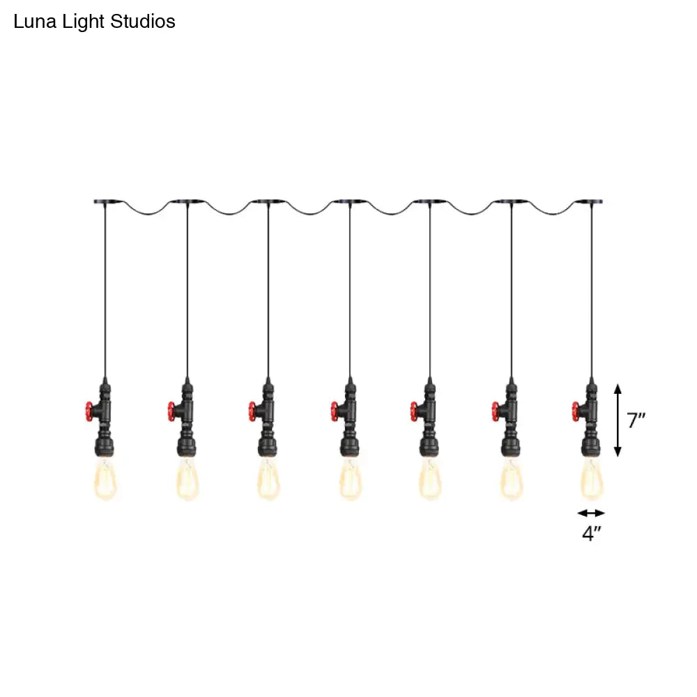 Industrial Iron Multi Pendant Light With Black Finish - 5/7 Bulbs Tandem Hanging Lamp