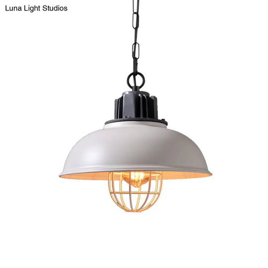 Iron Industrial 1-Head Pendant Light With Cage For Dining Room Bowl Suspension - Black/White White