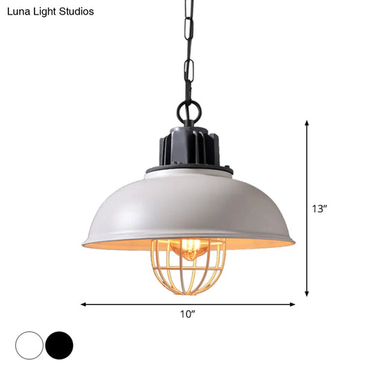 Industrial Iron Pendant Light - Bowl Dining Room Suspension Lighting With Cage Black/White