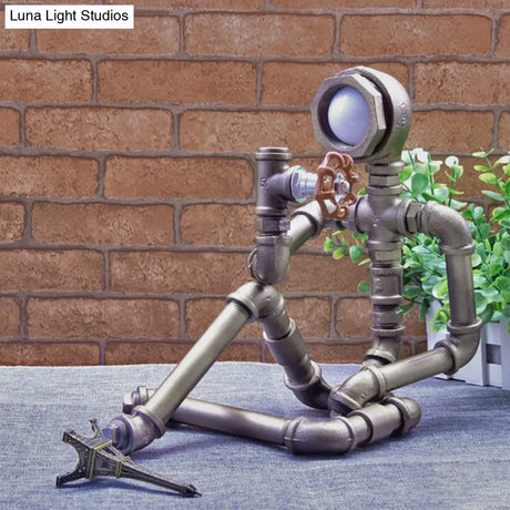 Industrial Iron Pipe Man Table Lamp - Silver/Bronze Red Valve Rotating Switch