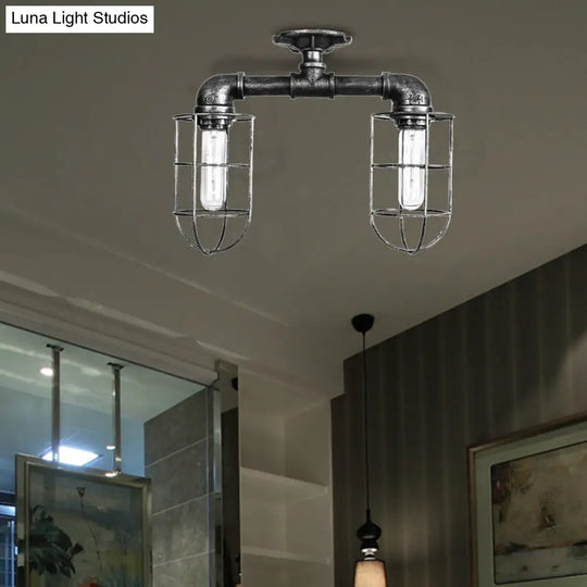 Industrial Iron Semi-Mount Ceiling Lighting With 2 Lights In Bronze/Aged Silver Finish Aged