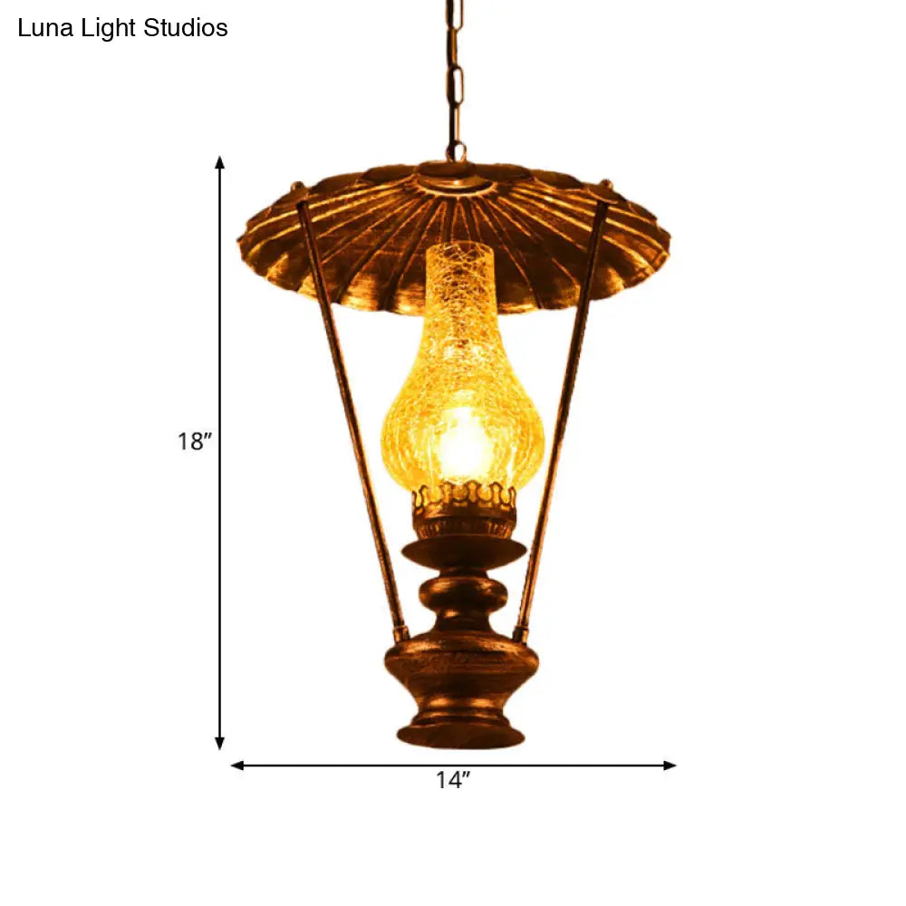 Industrial Lantern Crackle Glass Ceiling Pendant Light For Living Room - 1 Hanging