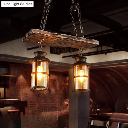 Industrial Lantern Pendant Light With Clear Glass Wood Decoration And Cage Design - 2/3 Lights Black