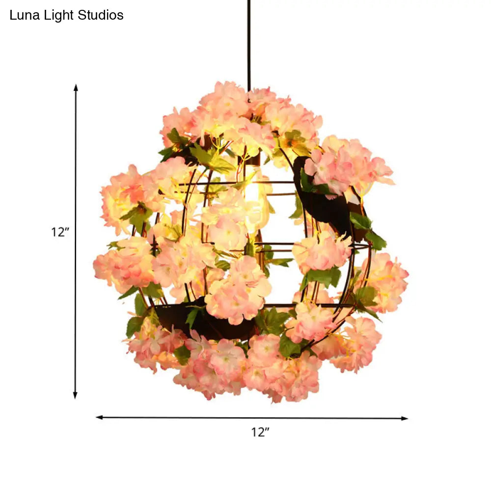 12/16 Metal Black Drop Lamp Orb 1 Head Pendant With Cherry Blossom - Industrial Led Down Lighting