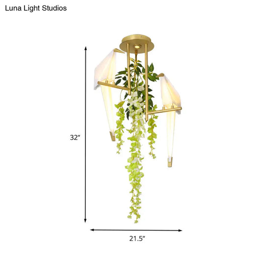 Industrial Led Geometric Ceiling Light Fixture In Gold With Metal Plant Design - Perfect For
