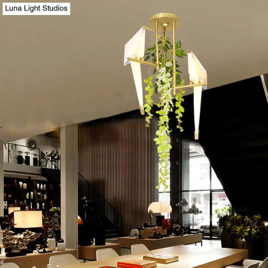 Industrial Led Geometric Ceiling Light Fixture In Gold With Metal Plant Design - Perfect For