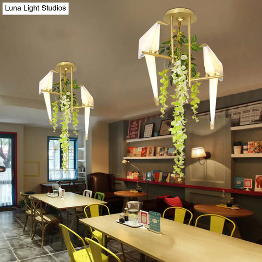 Industrial Led Geometric Ceiling Light Fixture In Gold With Metal Plant Design - Perfect For