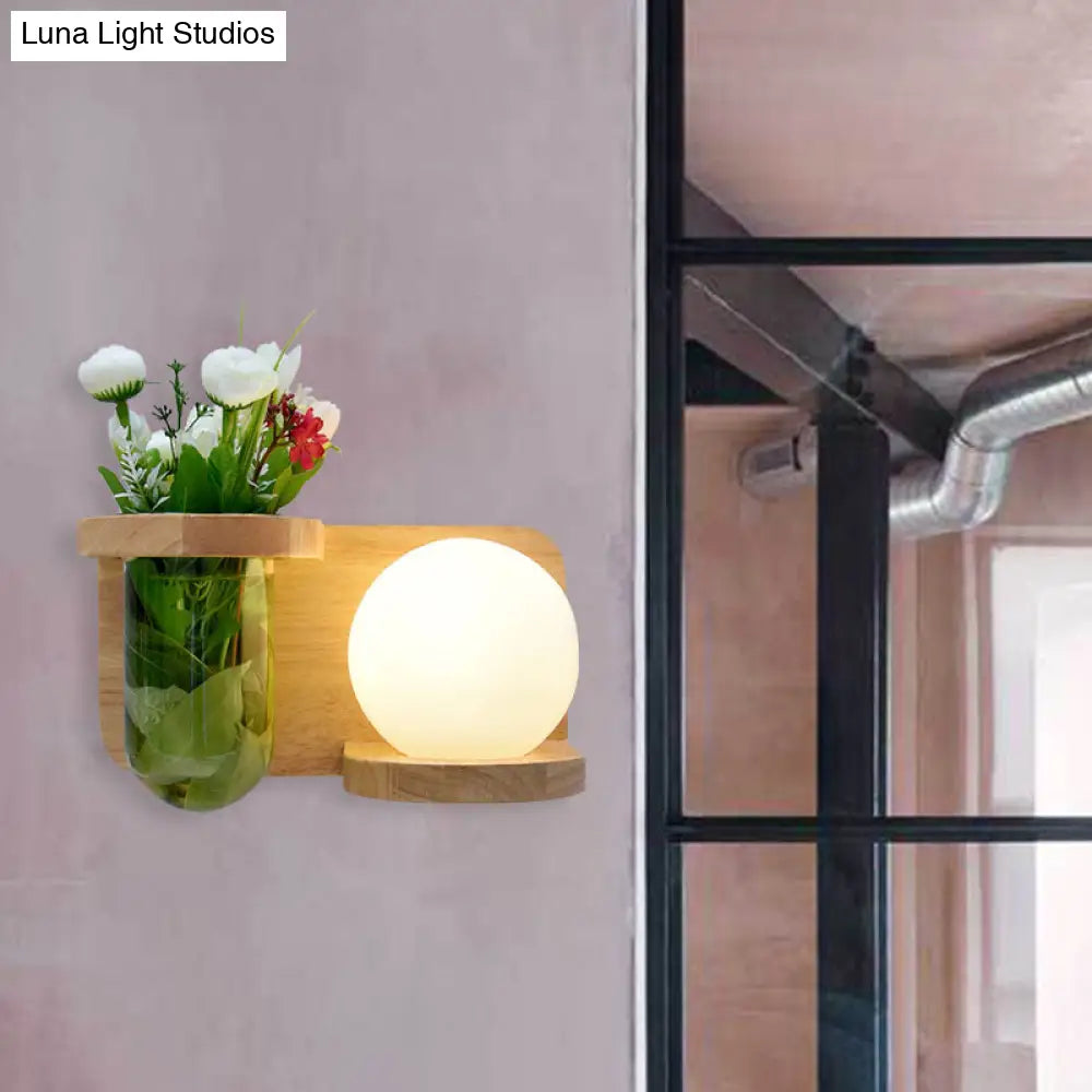 Industrial Led Wall Sconce Light - Milky Glass Orb Wood Left/Right