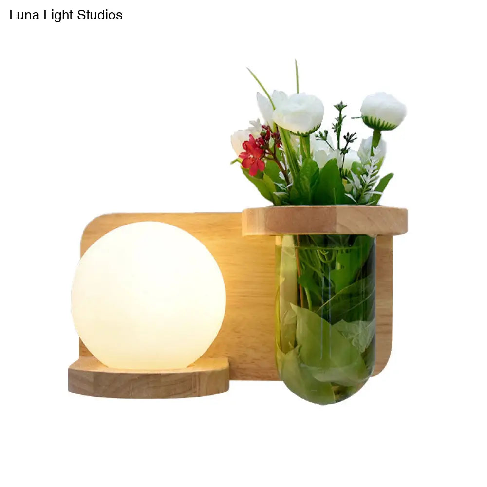 Industrial Led Wall Sconce Light - Milky Glass Orb Wood Left/Right