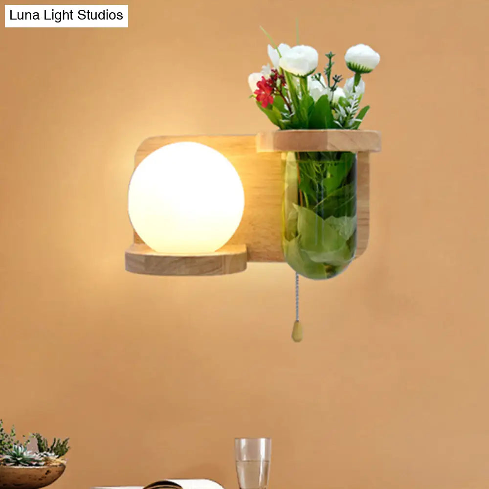 Industrial Led Wall Sconce Light - Milky Glass Orb Wood Left/Right