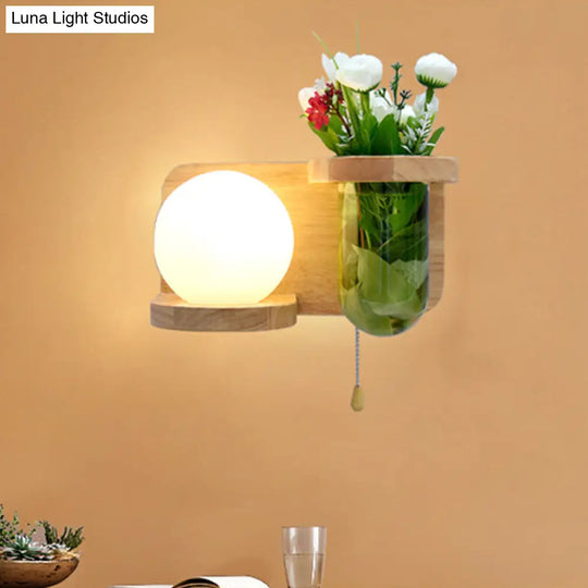 Industrial Led Wall Sconce Light - Milky Glass Orb Wood Left/Right