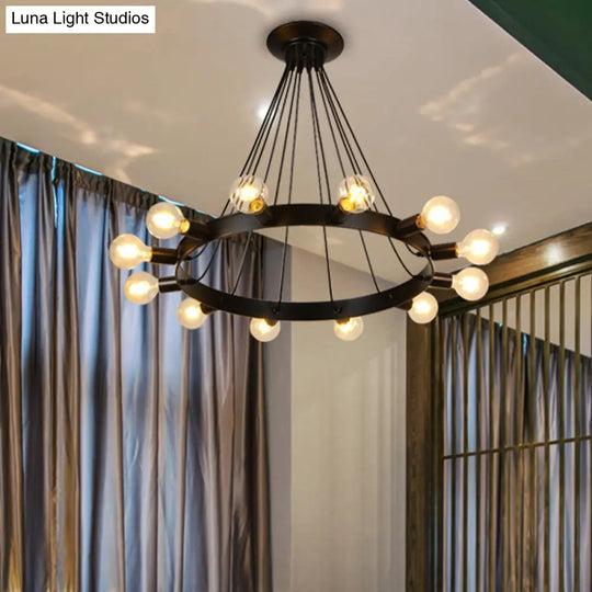 Industrial Loft Black Metal Pendant Lamp - 6/8/12 Lights Circle Ceiling Lighting Fixture For Living