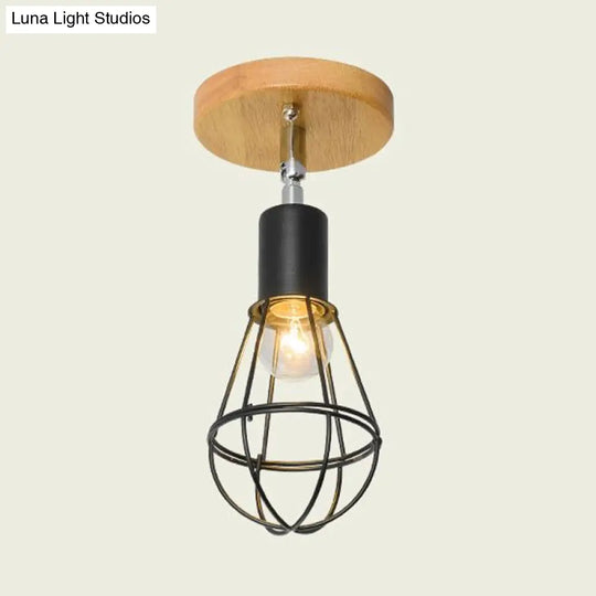 Industrial Loft Ceiling Fixture With Wire Cage And Rotatable Bulb - Black Metallic Semi-Flush Mount