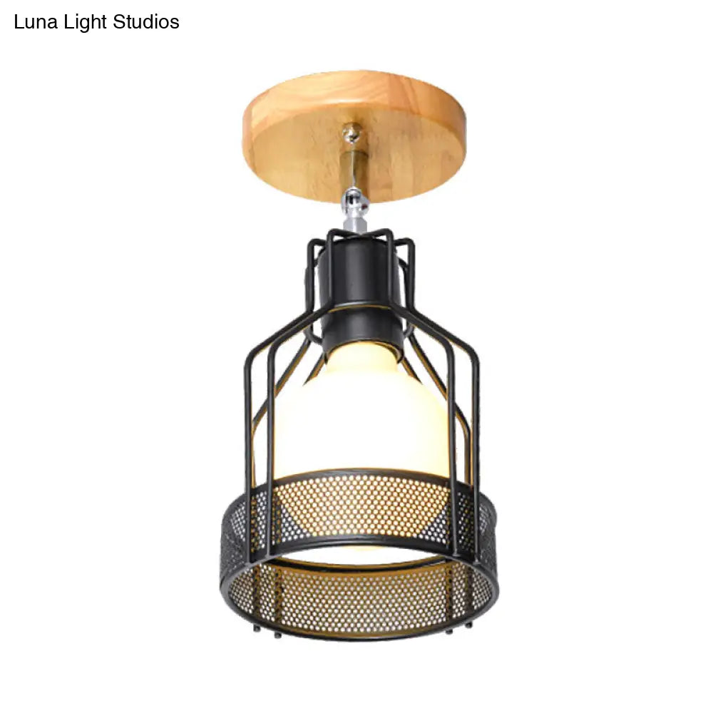 Industrial Loft Ceiling Fixture With Wire Cage And Rotatable Bulb - Black Metallic Semi-Flush Mount
