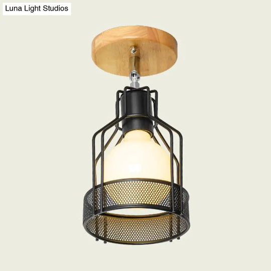 Industrial Loft Ceiling Fixture With Wire Cage And Rotatable Bulb - Black Metallic Semi-Flush Mount