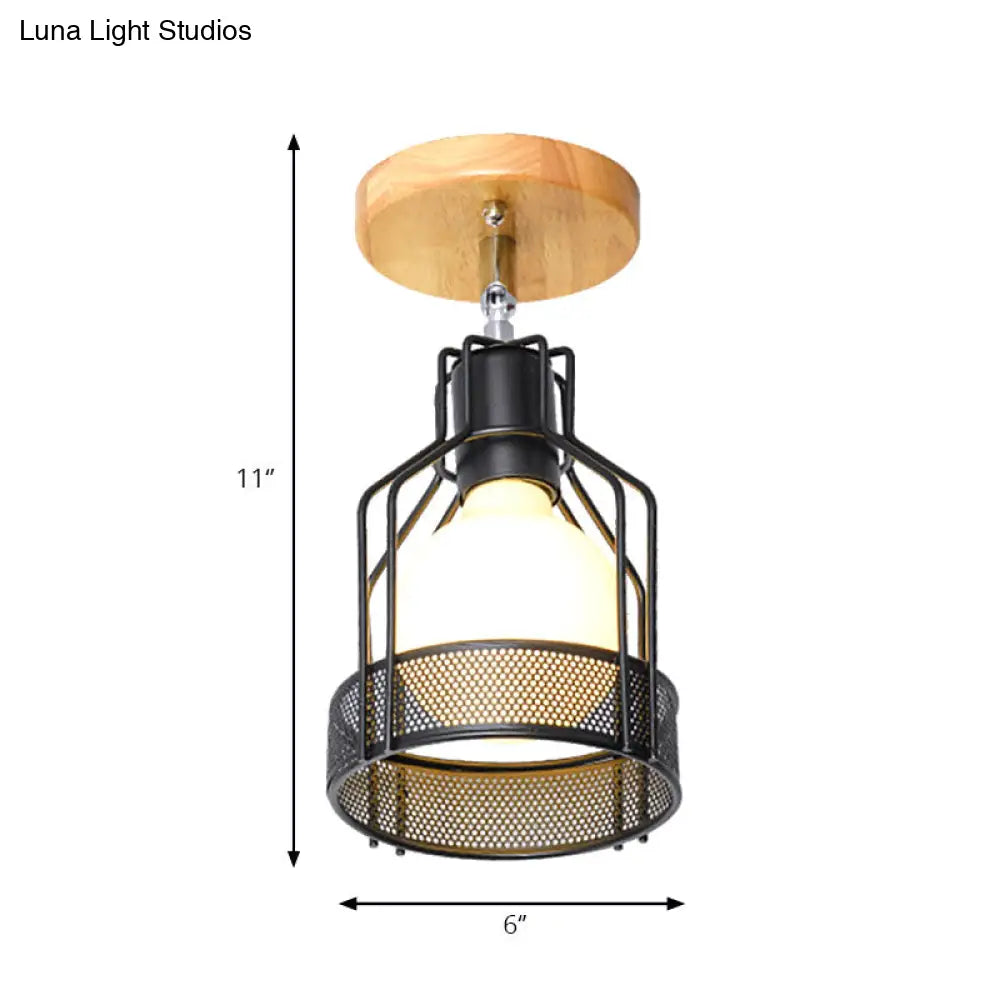 Industrial Loft Ceiling Fixture With Wire Cage And Rotatable Bulb - Black Metallic Semi-Flush Mount