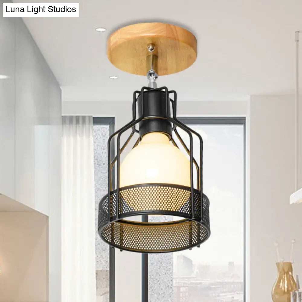 Industrial Loft Ceiling Fixture With Wire Cage And Rotatable Bulb - Black Metallic Semi-Flush Mount
