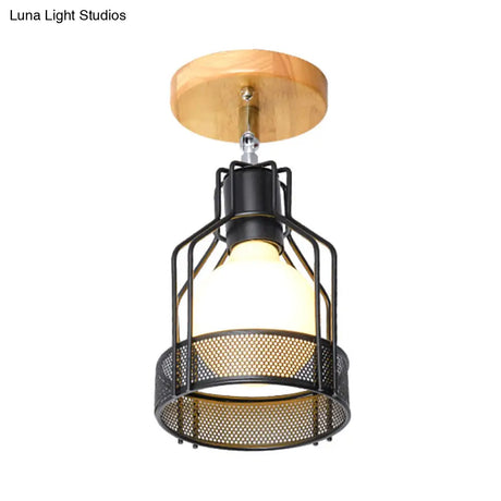 Industrial Loft Ceiling Fixture With Wire Cage And Rotatable Bulb - Black Metallic Semi-Flush Mount