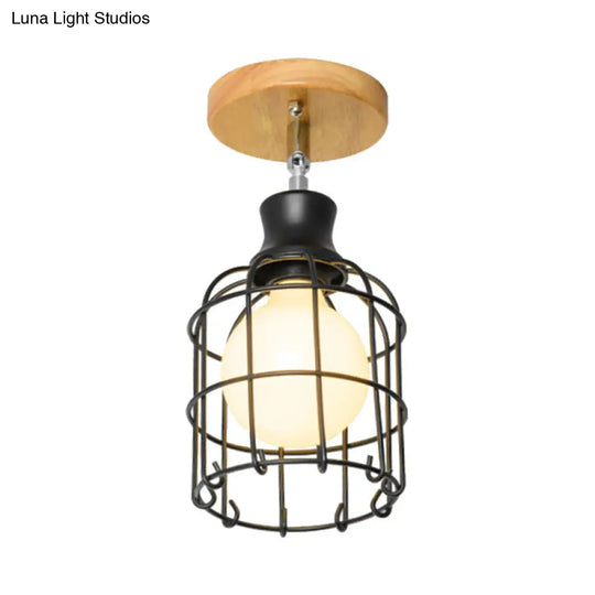 Industrial Loft Ceiling Fixture With Wire Cage And Rotatable Bulb - Black Metallic Semi-Flush Mount