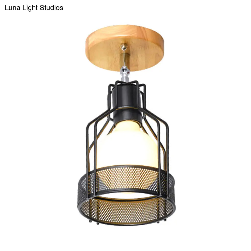 Industrial Loft Ceiling Fixture With Wire Cage And Rotatable Bulb - Black Metallic Semi-Flush Mount