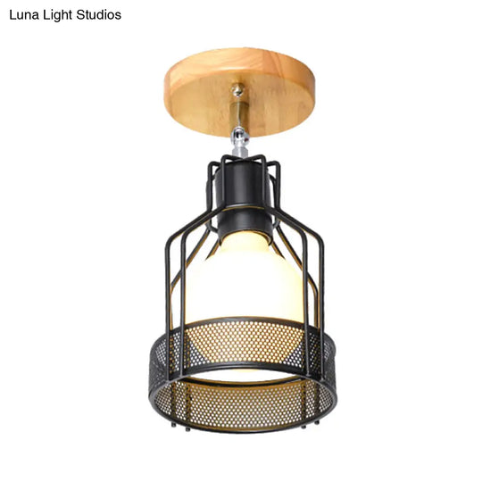 Industrial Loft Ceiling Fixture With Wire Cage And Rotatable Bulb - Black Metallic Semi-Flush Mount
