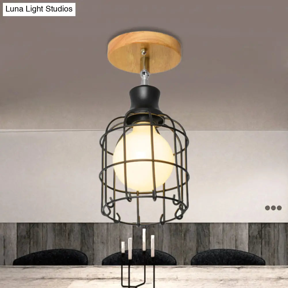 Industrial Loft Ceiling Fixture With Wire Cage And Rotatable Bulb - Black Metallic Semi-Flush Mount