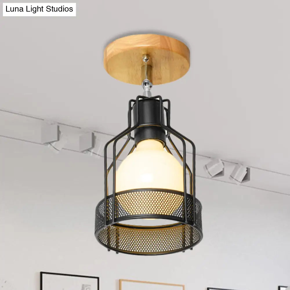 Industrial Loft Ceiling Fixture With Wire Cage And Rotatable Bulb - Black Metallic Semi-Flush Mount