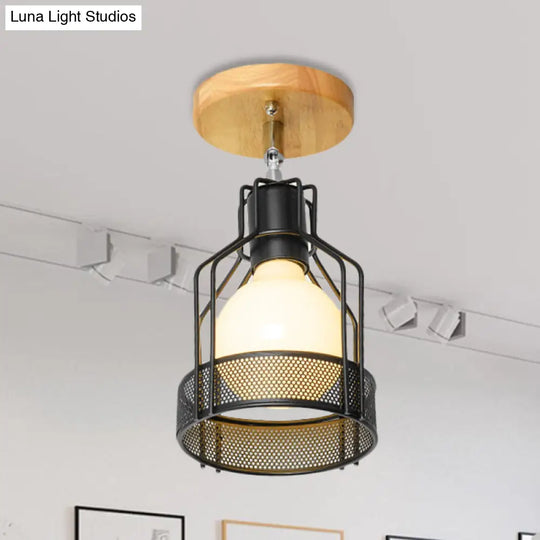 Industrial Loft Ceiling Fixture With Wire Cage And Rotatable Bulb - Black Metallic Semi-Flush Mount