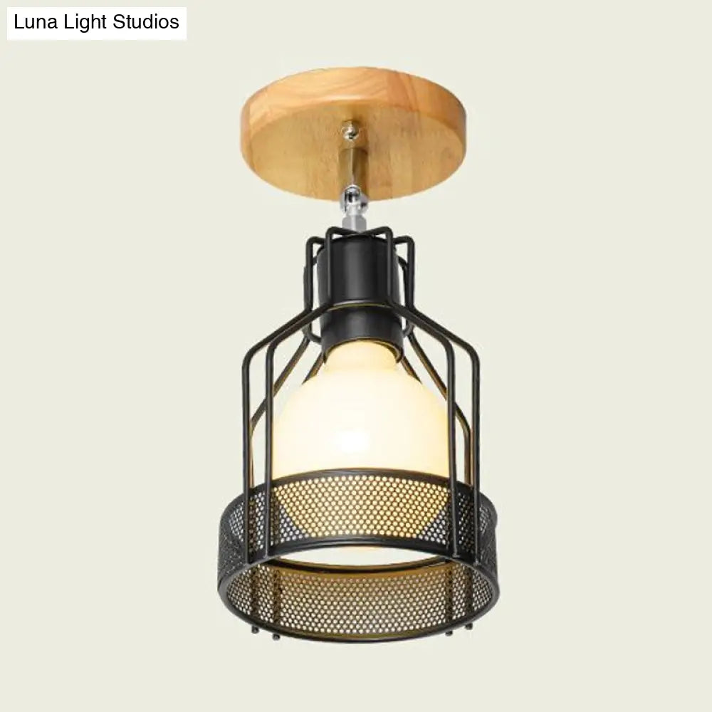 Industrial Loft Ceiling Fixture With Wire Cage And Rotatable Bulb - Black Metallic Semi-Flush Mount