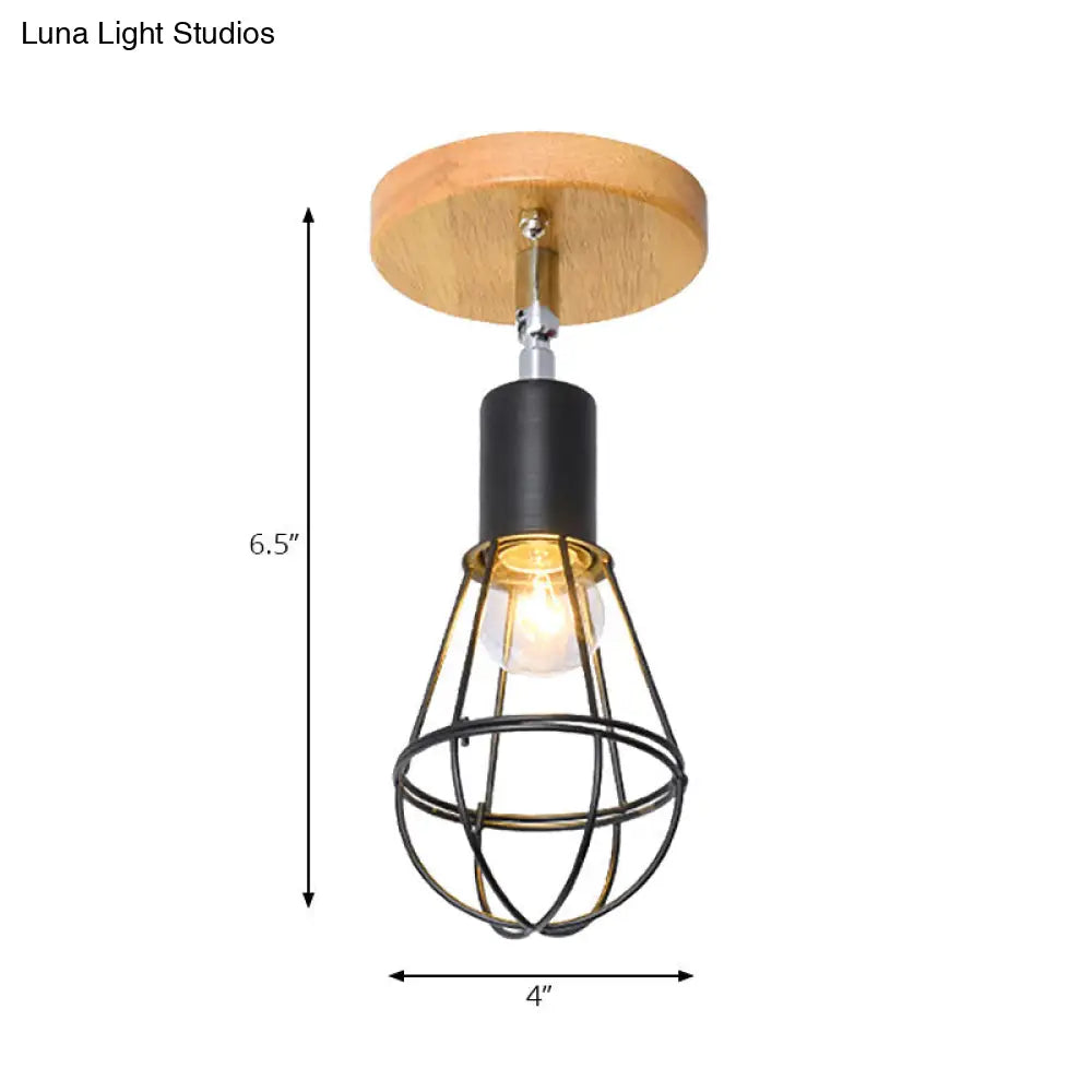 Industrial Loft Ceiling Fixture With Wire Cage And Rotatable Bulb - Black Metallic Semi-Flush Mount