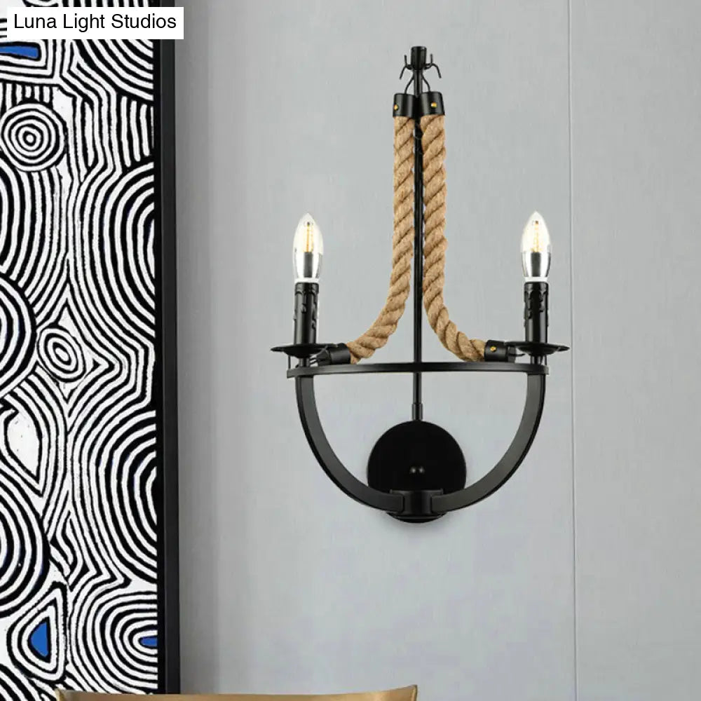 Industrial Manila Rope Wall Sconce With Open Bulbs - 2 Lights In Black For Living Room